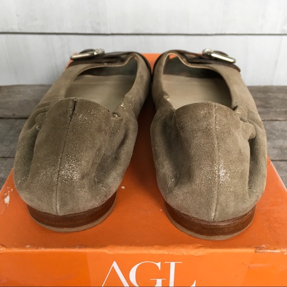 AGL Attilio Giusti Leombruni Taupe Suede Open Toe Buckle Ballet Flats Sz 38 / 8 - Picture 7 of 10